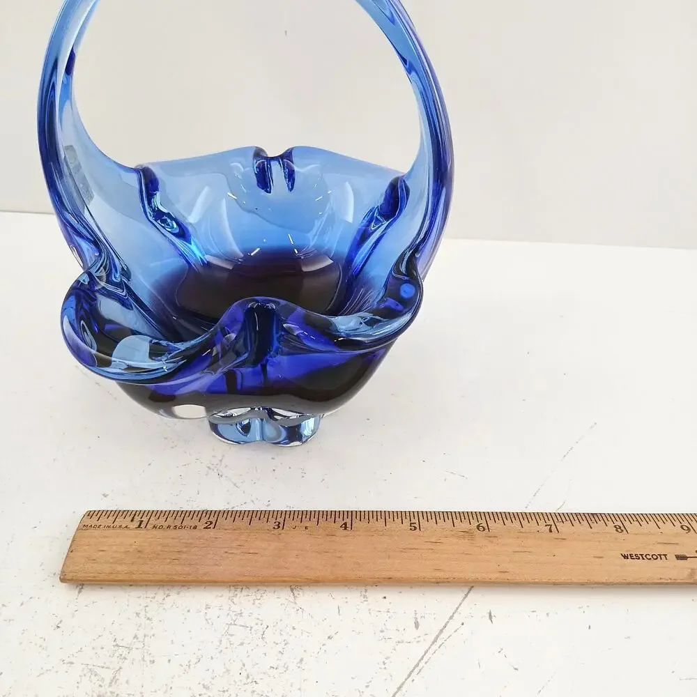 Crystal Clear Basket Hand Blown Art Glass Blue/Pink 7.5
